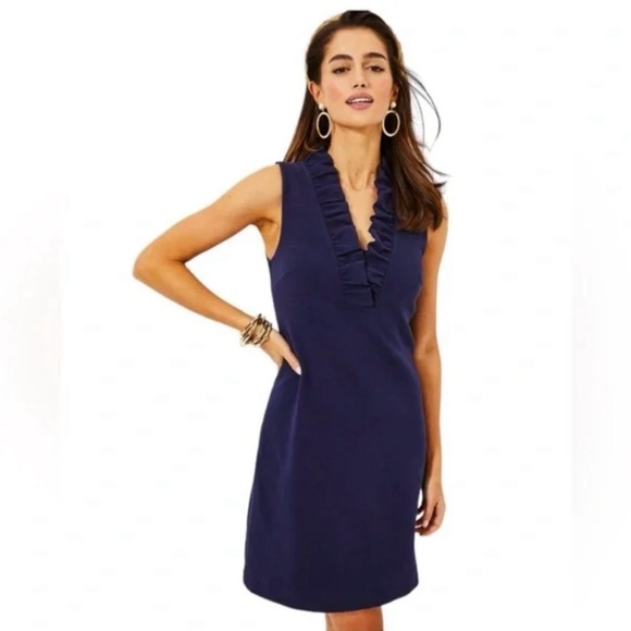 Lilly Pulitzer Tisbury Shift Dress Blue Dress Size Small with Ruffle Neckline - Picture 1 of 7
